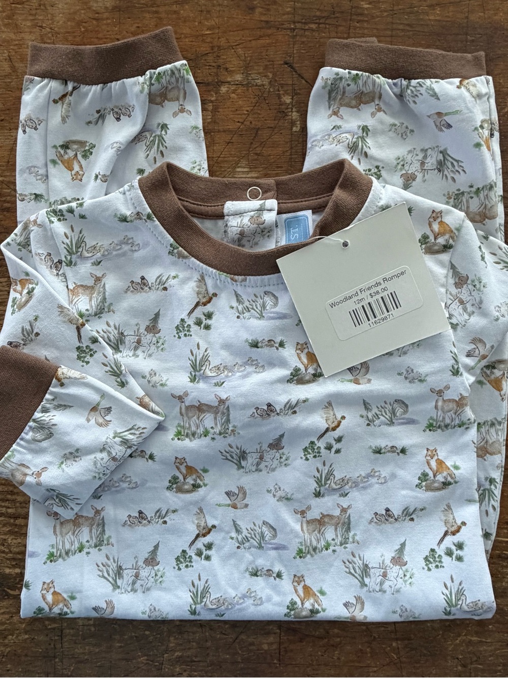 Woodland Friends Baby Romper - Brown Trim with Animal Print